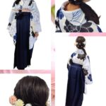 小学校卒業式の袴着付けとヘアセットのコラージュ画像。白地に青の花柄の着物と紺色の袴。パールとお花の髪飾りを使った華やかなヘアアレンジ。出張着付けヘアメイクめいりんや。