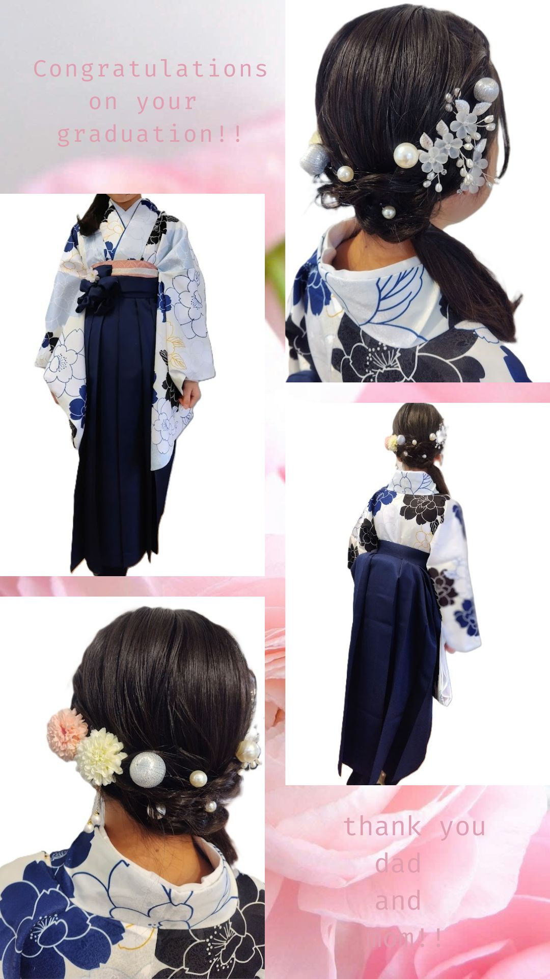 小学校卒業式の袴着付けとヘアセットのコラージュ画像。白地に青の花柄の着物と紺色の袴。パールとお花の髪飾りを使った華やかなヘアアレンジ。出張着付けヘアメイクめいりんや。
