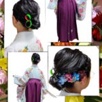 小学校の卒業式を迎えたお嬢様の袴姿。白地に鮮やかな花柄の着物と濃いピンクの袴(花の飾り付き)。ヘアセットはアップスタイルで、モダンなリボンや色とりどりの花の髪飾りを添えて。出張着付けヘアメイクめいりんや。