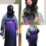 小学校の卒業式を迎えたお嬢様の袴着付けとヘアセットのコラージュ画像。水色の着物に紫のグラデーション袴のコーディネート。大きな紫リボンの髪飾りを合わせた華やかなダウンスタイル。出張着付けめいりんや。