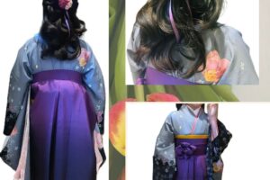 小学校の卒業式を迎えたお嬢様の袴着付けとヘアセットのコラージュ画像。水色の着物に紫のグラデーション袴のコーディネート。大きな紫リボンの髪飾りを合わせた華やかなダウンスタイル。出張着付けめいりんや。