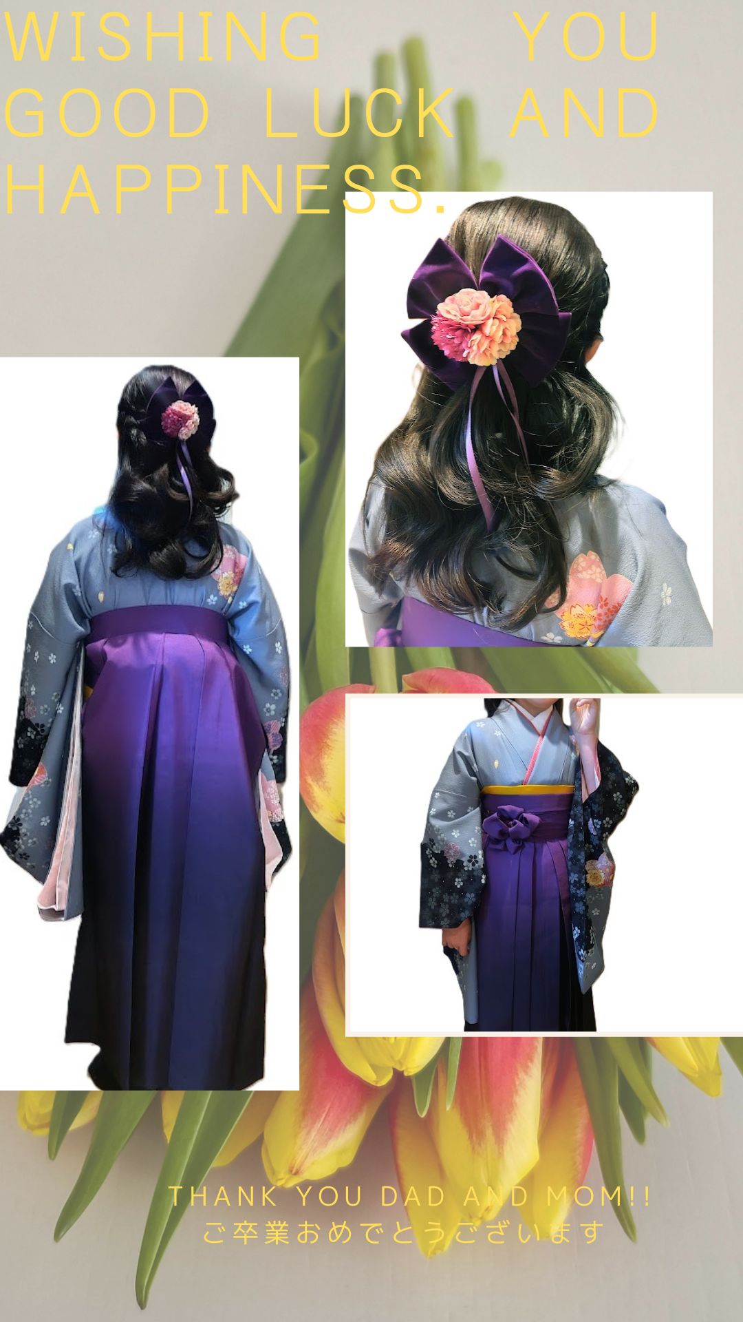 小学校の卒業式を迎えたお嬢様の袴着付けとヘアセットのコラージュ画像。水色の着物に紫のグラデーション袴のコーディネート。大きな紫リボンの髪飾りを合わせた華やかなダウンスタイル。出張着付けめいりんや。